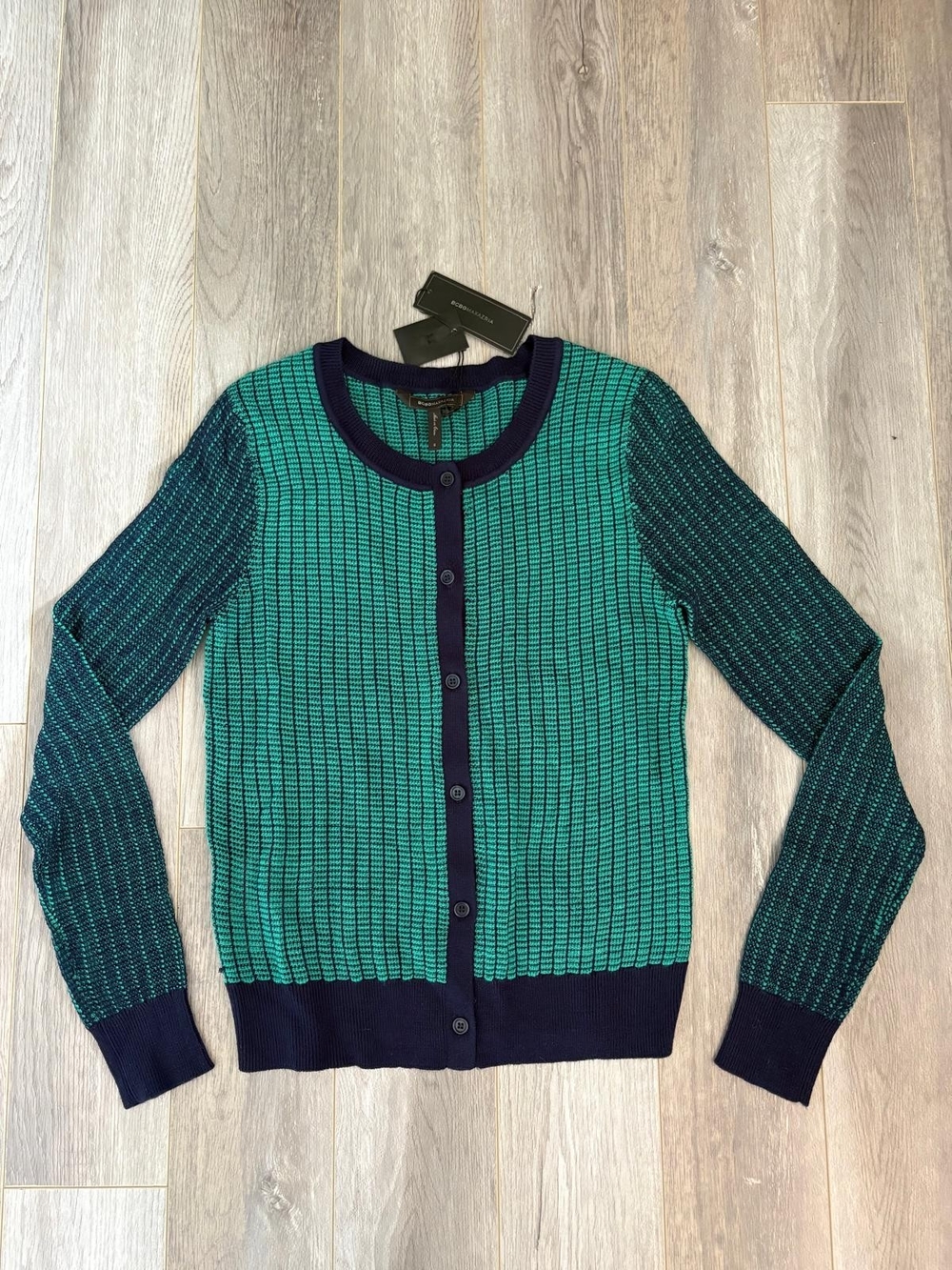 BCBGMaxAzria Royce Lightweight Wool Blend Cardigan Teal And Navy Small
